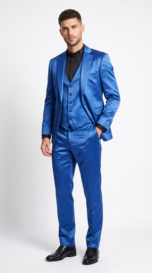 Men's Royal Blue Shiny Satin 3-Piece Suit – Luxury Vested Wedding Prom Party Formal Suit