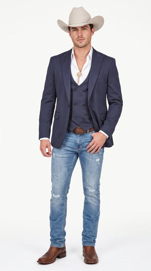 Men’s Navy Western Suit Blazer with Double Breasted Vest, Modern Cowboy Formal Outfit