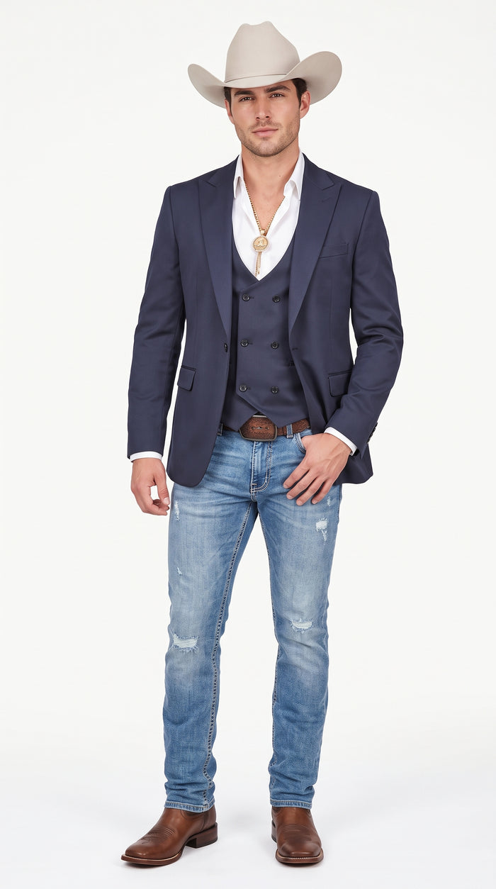 Men’s Navy Western Suit Blazer with Double Breasted Vest, Modern Cowboy Formal Outfit