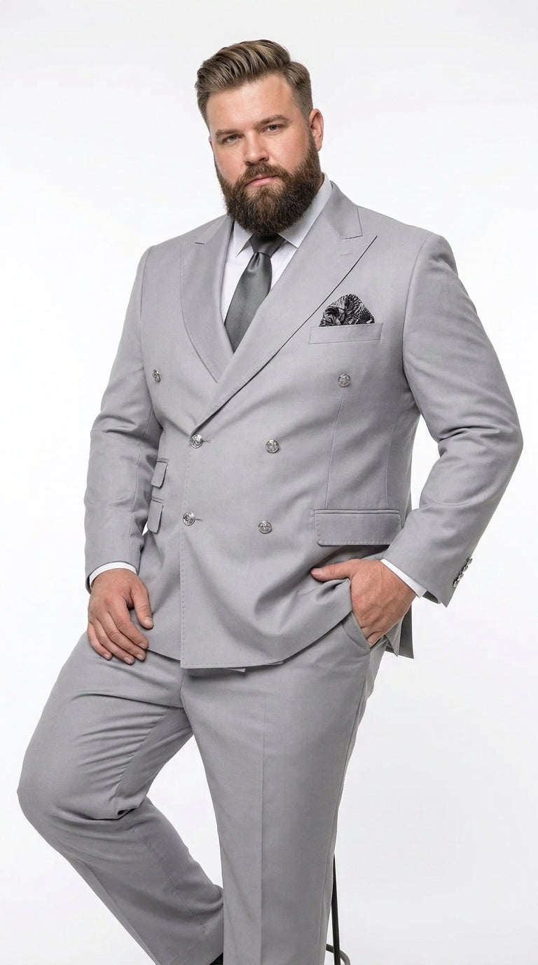 Rossi Man Men’s Silver Double Breasted Suit, Modern Fit Formal Wedding Prom Business Suit