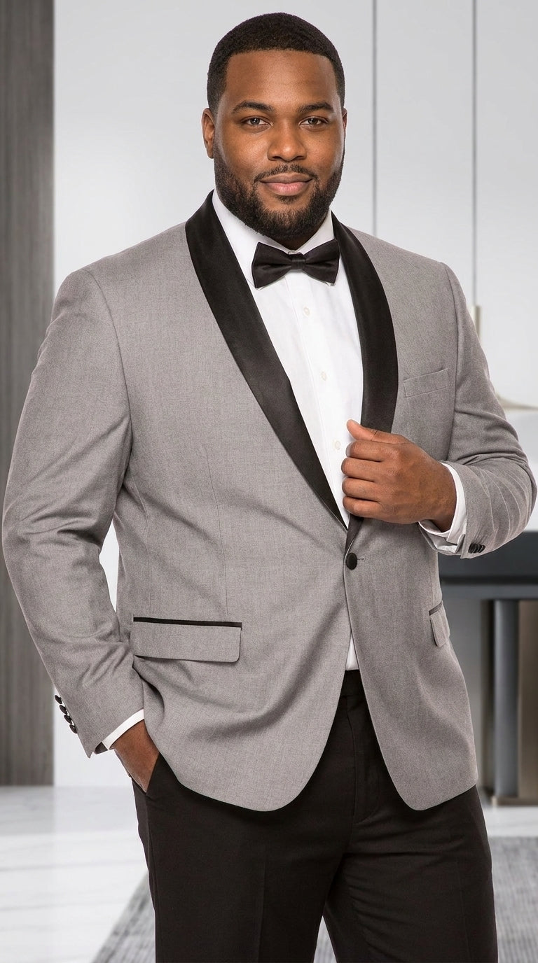 Men’s Light Grey Dinner Jacket with Black Shawl Lapel – 1 Button Tuxedo Blazer