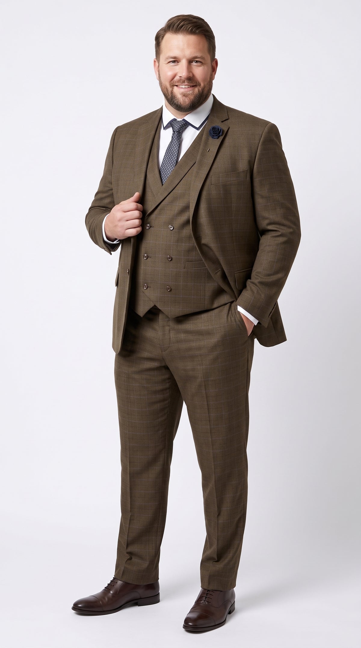 Men’s Taupe Brown Plaid 3 Piece Suit, Double Breasted Vest V2RW-13 Formal Wedding Suit