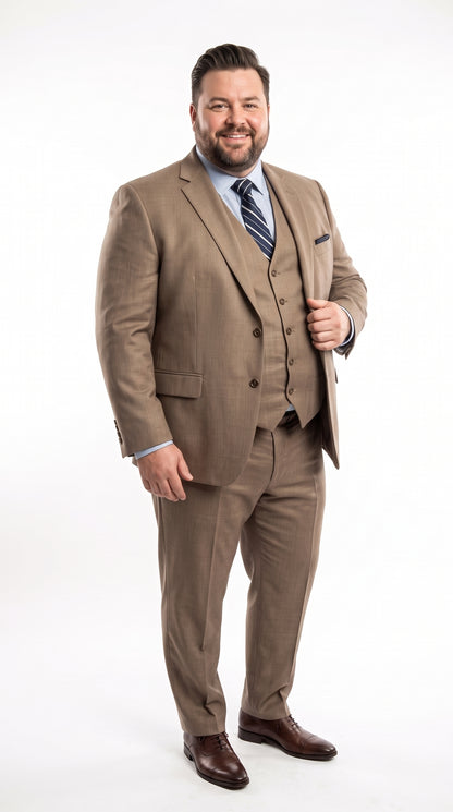 Men’s Tan Classic Fit 3 Piece Suit, Two Button Formal Wedding Business Suit with Vest
