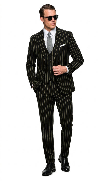 Men’s Black Gangster Pinstripe Suit, 2 Button Vintage 1920s Formal Dress Suit