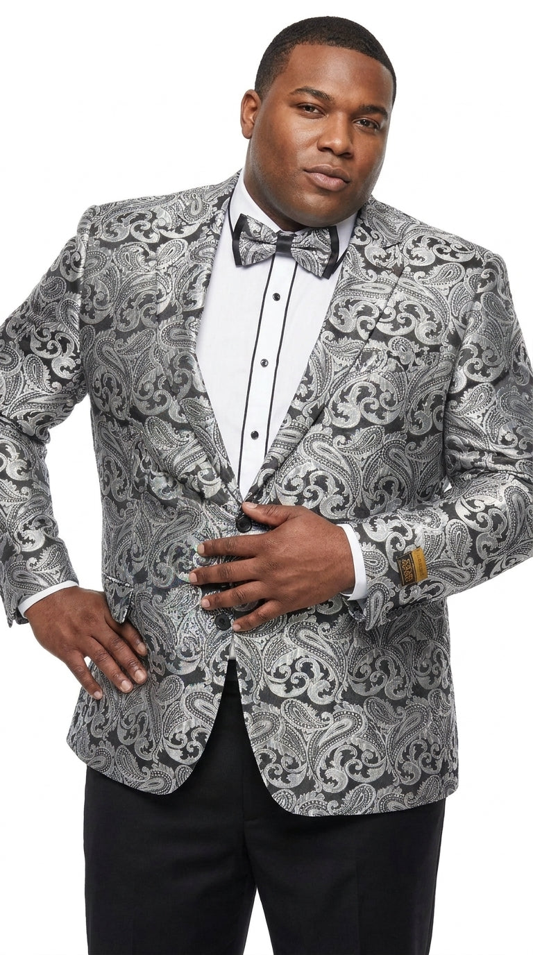 Men’s Silver Grey & Black Paisley Dinner Jacket – Formal Tuxedo Blazer