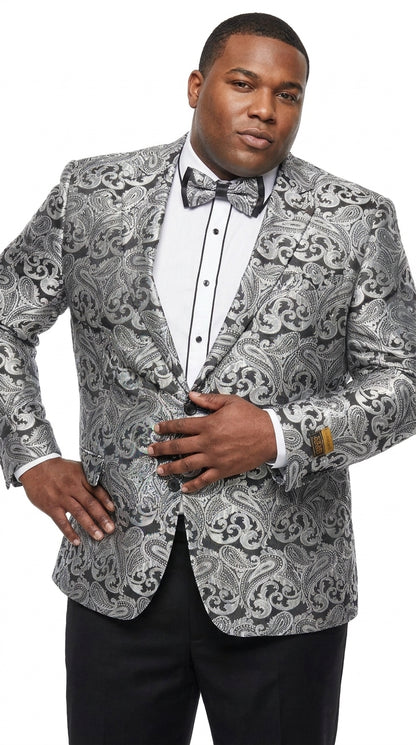 Men’s Silver Grey & Black Paisley Dinner Jacket – Formal Tuxedo Blazer