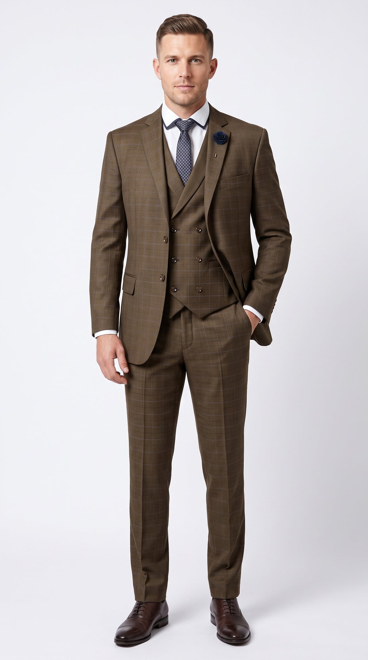 Men’s Taupe Brown Plaid 3 Piece Suit, Double Breasted Vest V2RW-13 Formal Wedding Suit