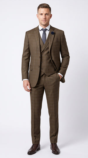 Men’s Taupe Brown Plaid 3 Piece Suit, Double Breasted Vest V2RW-13 Formal Wedding Suit