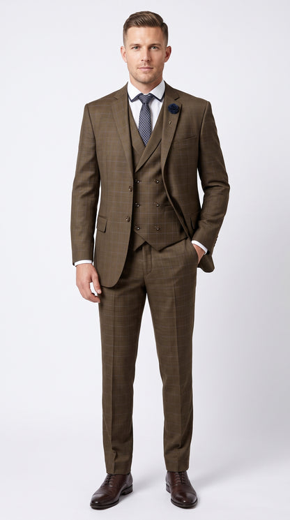 Men’s Taupe Brown Plaid 3 Piece Suit, Double Breasted Vest V2RW-13 Formal Wedding Suit