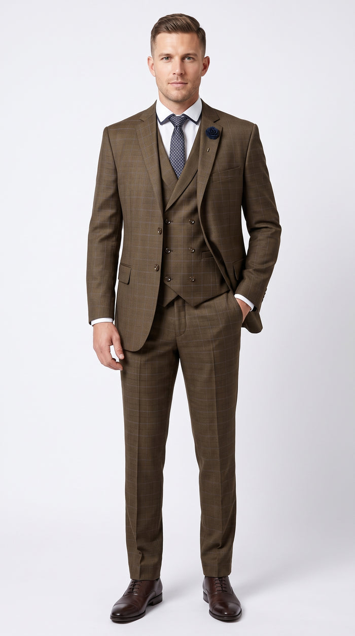 Men’s Taupe Brown Plaid 3 Piece Suit, Double Breasted Vest V2RW-13 Formal Wedding Suit