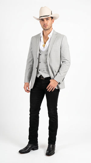 Men’s Light Gray Western Suit Blazer with Double-Breasted Vest – Modern Cowboy Formal Outfit