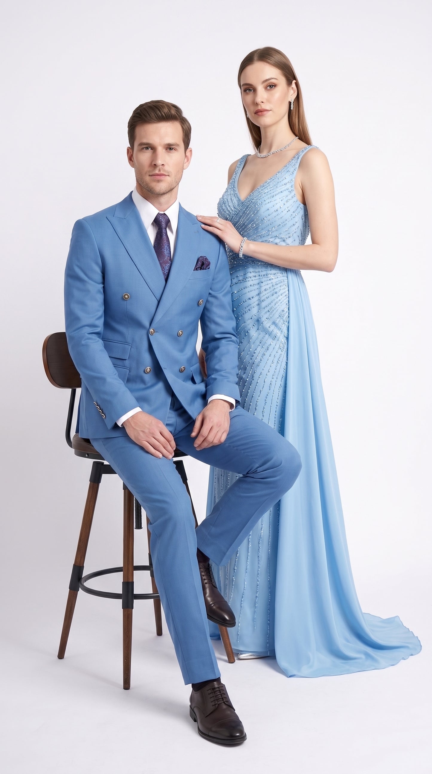 Men’s Sky Blue Double Breasted Suit with Gold Buttons, Designer Formal Wedding Business Suit