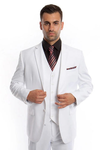 Men's Vested Two Button Solid Color Wedding  Business Suit in White - Men's Tuxedo USA