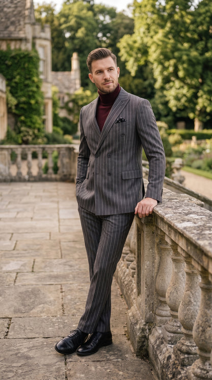 Newbury Men’s Gray Pinstripe Double Breasted Suit, Peak Lapel Formal Wedding Business Suit