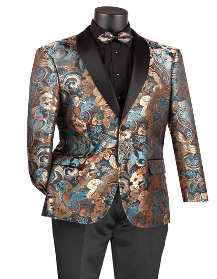 Blue Wedding Tuxedo - Mens Japanes Floral Paisley Print Prom & Wedding Navy Blue Tuxedo