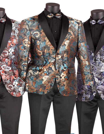 Blue Wedding Tuxedo - Mens Japanes Floral Paisley Print Prom & Wedding Navy Blue Tuxedo
