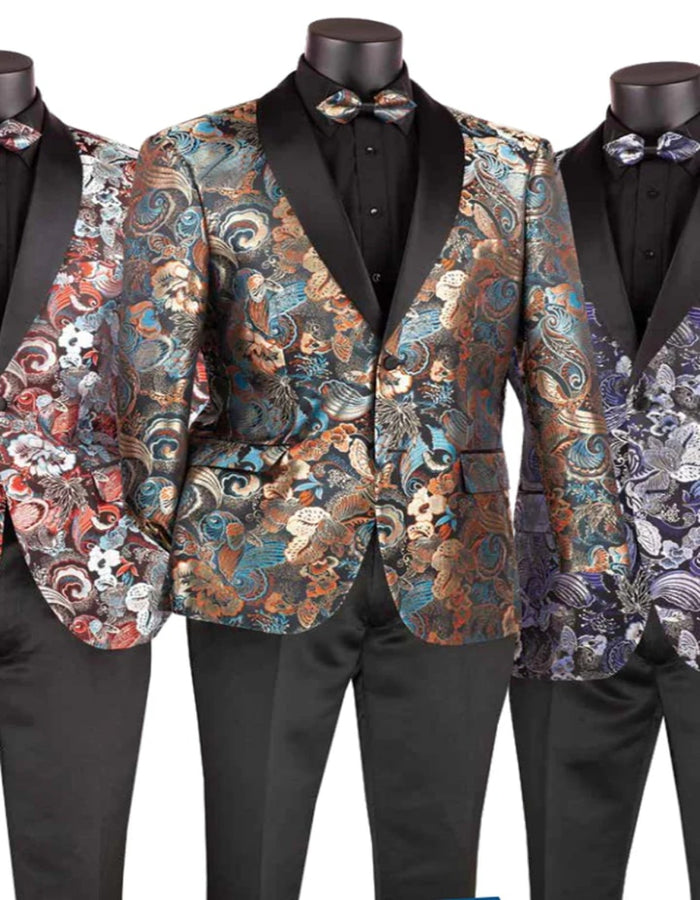 Blue Wedding Tuxedo - Mens Japanes Floral Paisley Print Prom & Wedding Navy Blue Tuxedo
