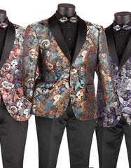 Mens Japanes Floral Paisley Print Prom & Wedding Navy Blue Tuxedo