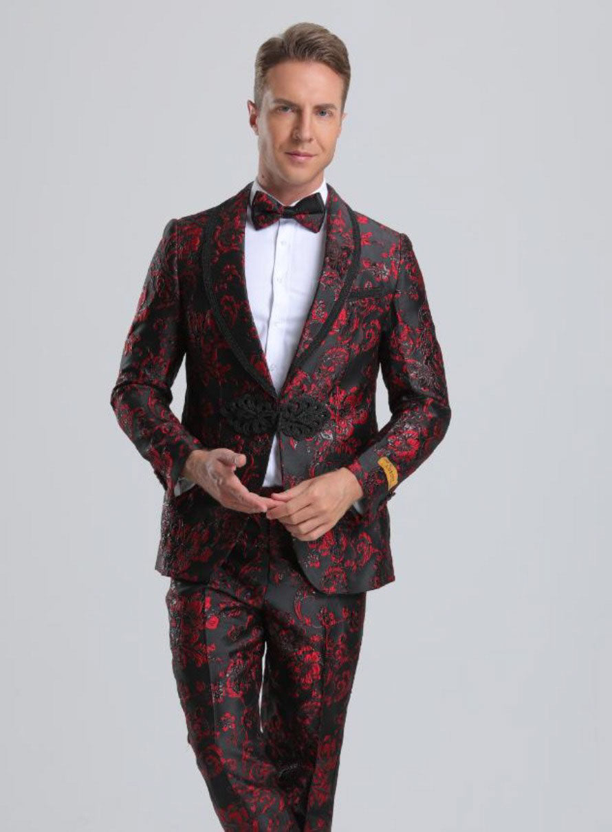 Men's Fancy Black & Red Floral Paisley Prom Tuxedo with Red Trim