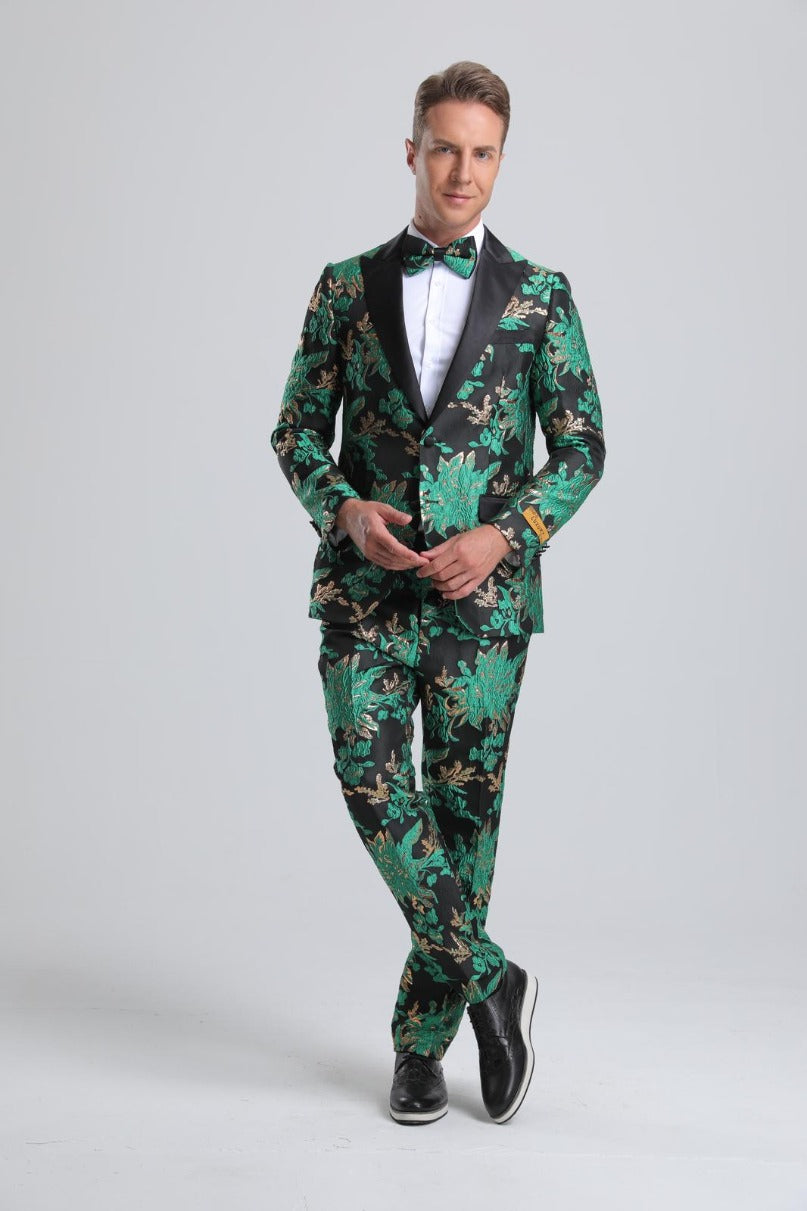 Js Prom Suits X-Small Men's Green & Black Floral Paisley Prom Tuxedo Green Prom ...