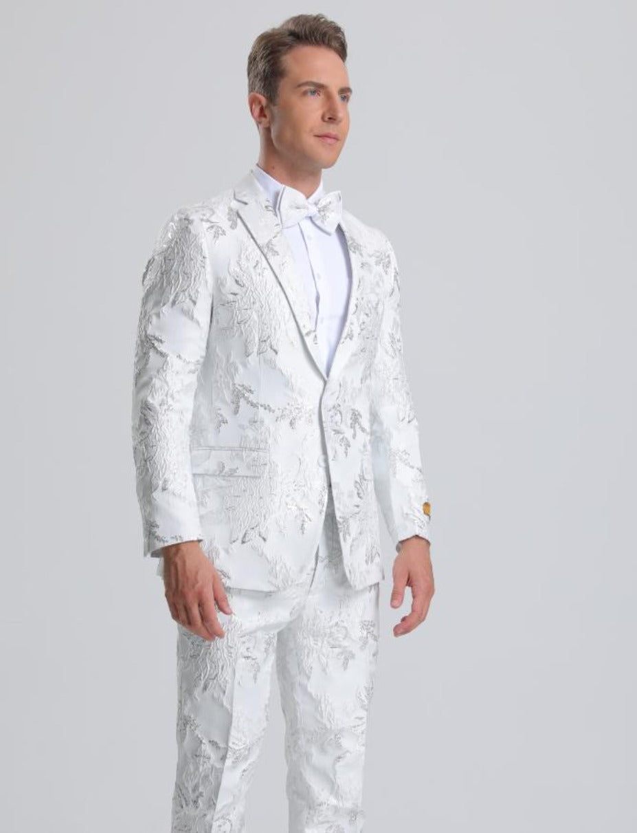 Men's White & Silver Floral Paisley Prom Tuxedo