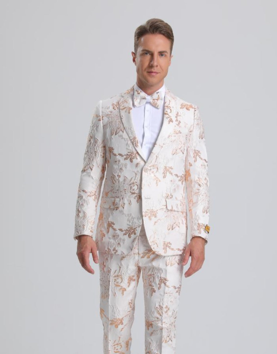 Men's White & Peach Floral Paisley Prom Tuxedo