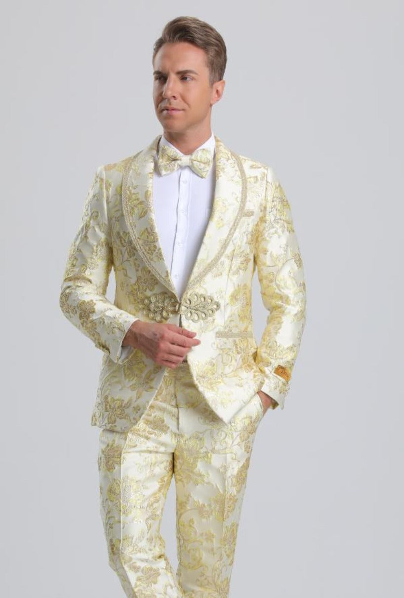 Men's Fancy Ivory & Gold Floral Paisley Prom Tuxedo with Gold Trim