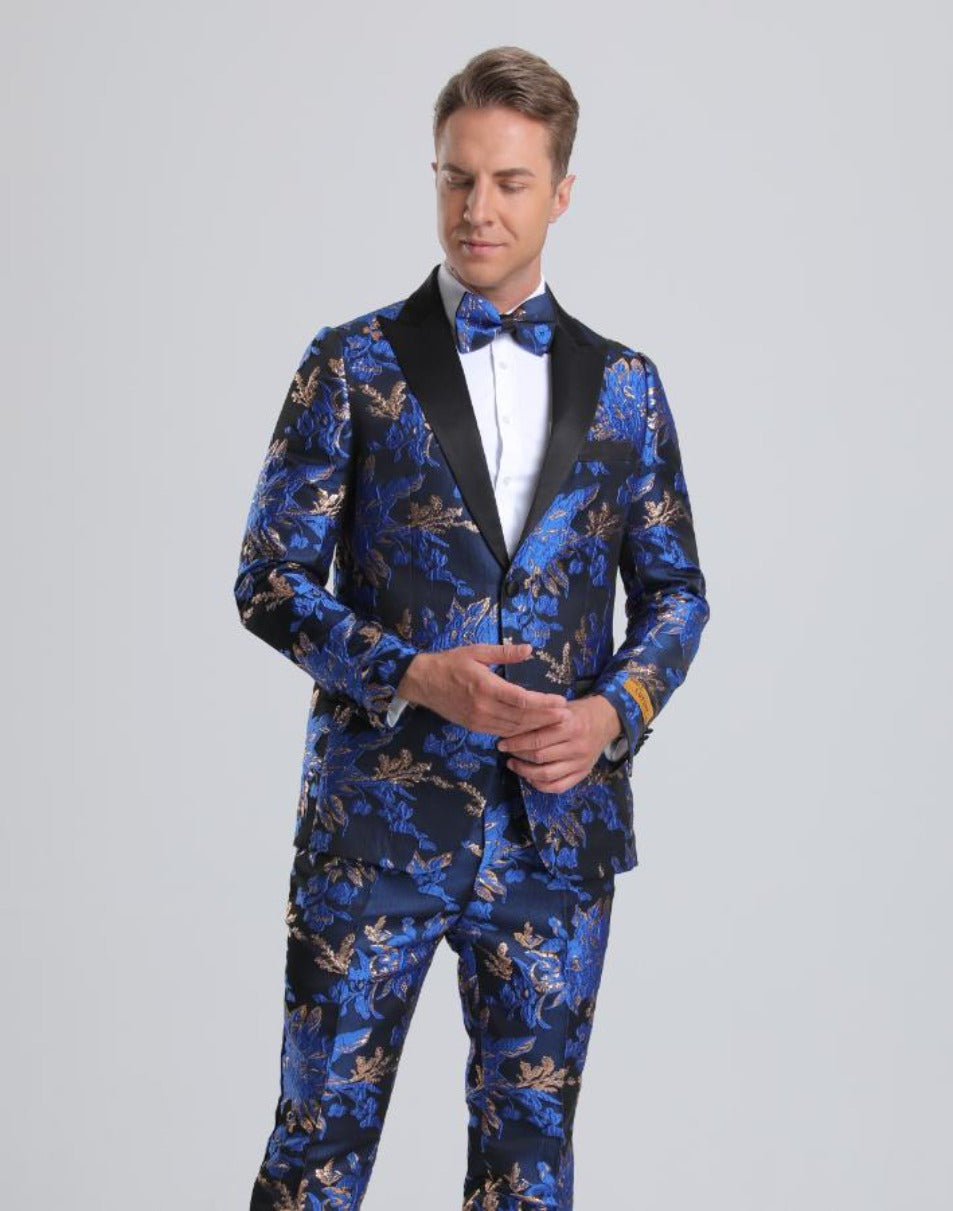 X-Small Men's Royal Blue Gold Floral Paisley Prom Tuxedo
