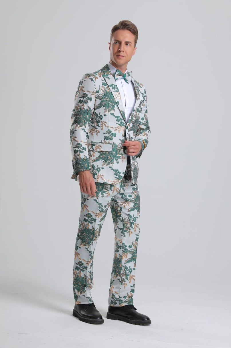 Men's Green, White & Gold Floral Paisley Prom Tuxedo