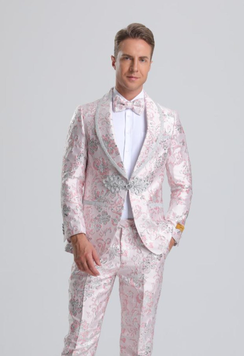 Men's Fancy Pink Floral Paisley Prom Tuxedo with Silver Trim
