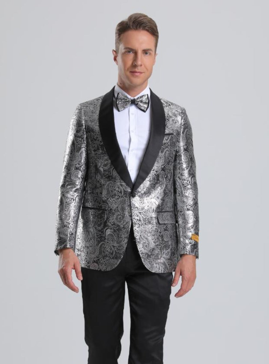 Men's Shiny Silver Sharkskin Floral Paisley Prom Tuxedo Jacket