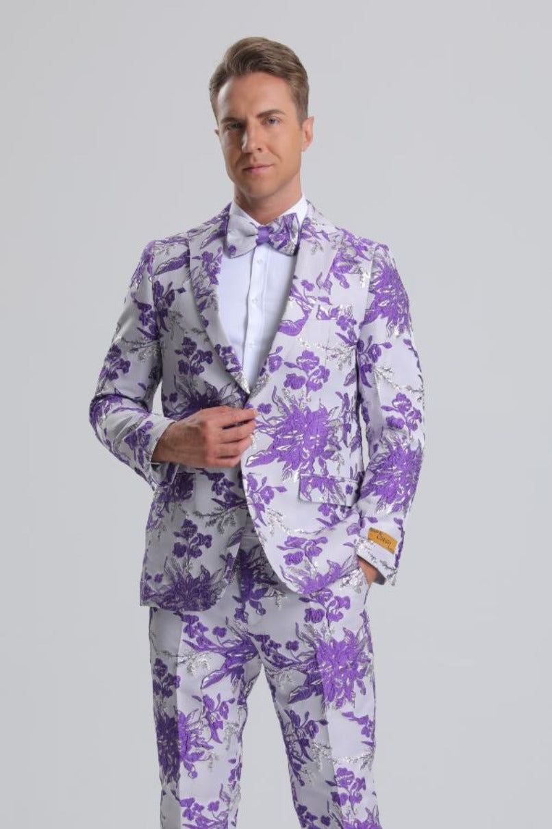 Men's Purple, White & Silver Floral Paisley Prom Tuxedo