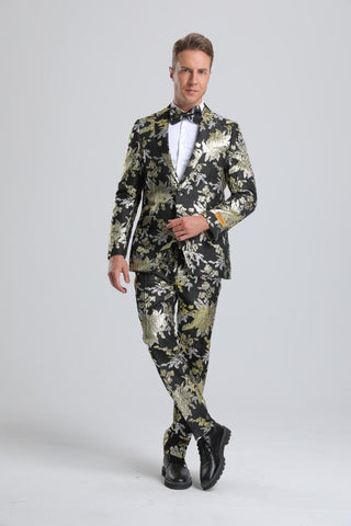 Men's Black, Gold & Silver Floral Paisley Prom Tuxedo