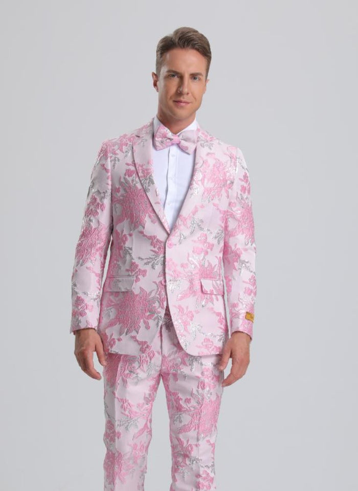 Men's Pink & Silver Floral Paisley Prom Tuxedo - Men's Tuxedo USA