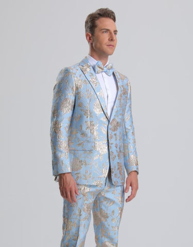 Men's Sky Blue & Silver Gold Floral Paisley Prom Tuxedo