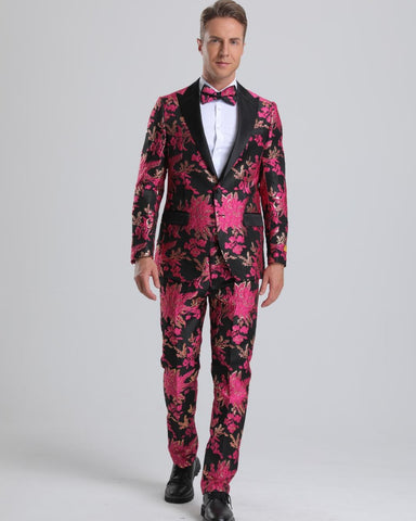 Men's Fuchsia Pink & Black Floral Paisley Prom Tuxedo - Men's Tuxedo USA