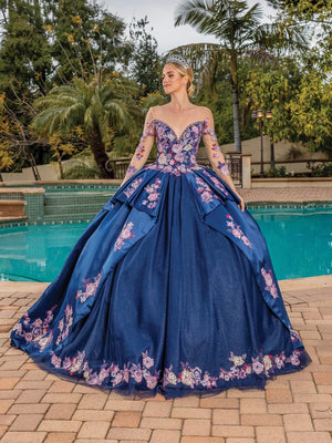 Dancing Queen DQ1816 Illusion Scoop Neck Floral Applique Ball Gown with Long Sheer Sleeves