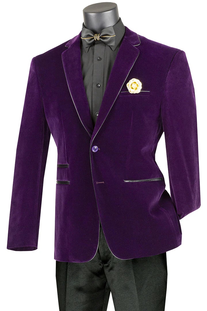 Mens Blazer - Cheap Priced Mens Sport Coat -Mens 2 Button Velvet Blazer In Purple With Black Leather Piping Trim - Men's Tuxedo USA