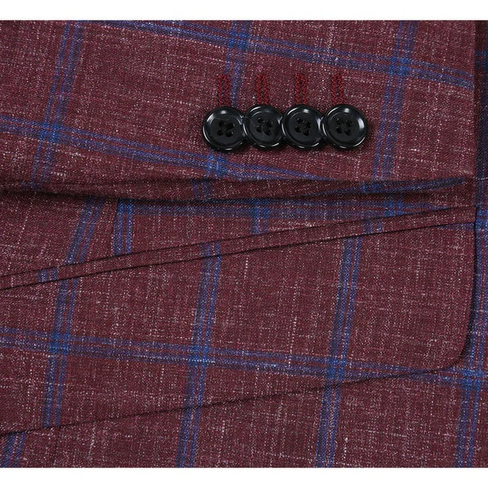 Mens Blazer - Cheap Priced Mens Sport Coat - Mens Slim Fit Two Button Wool Sport Coat Blazer In Burgundy & Blue Windowpane Plaid - Men's Tuxedo USA