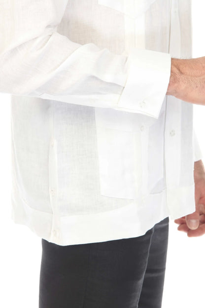 Men's White 100% Linen Four-Pocket Guayabera Shirt – Long Sleeve