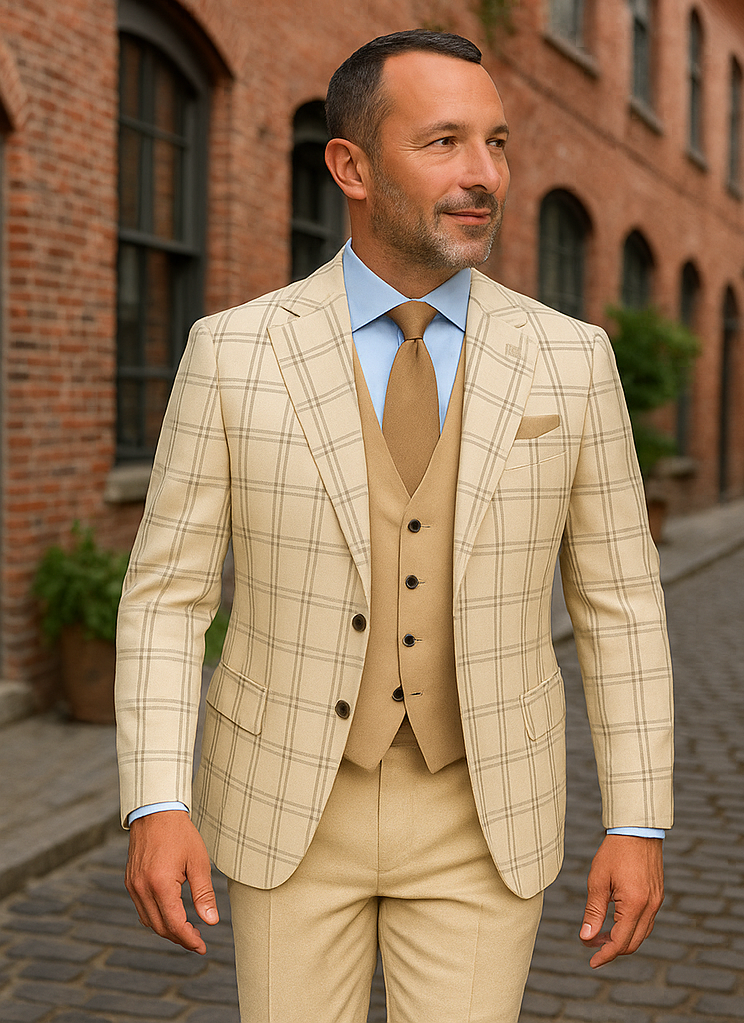 Wool Suit - Italian Made Business Suit by Statement Men's 3 Piece 100% Wool Modern Fit Suit - Accented Scoop Vest