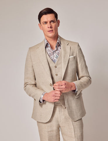 Mens Linen Suit For Beach Wedding - Summer  Suit in Natural Herringbone - Men's Tuxedo USA