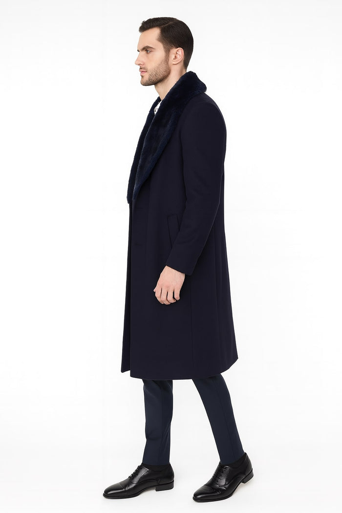 Mens Navy Blue Overcoat with Faux Fur Collar  Luxury Long Winter Coat for Formal and Casual Wear Topcoat