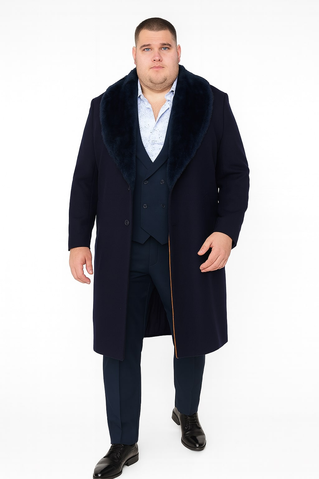 Mens Navy Blue Overcoat with Faux Fur Collar  Luxury Long Winter Coat for Formal and Casual Wear Topcoat