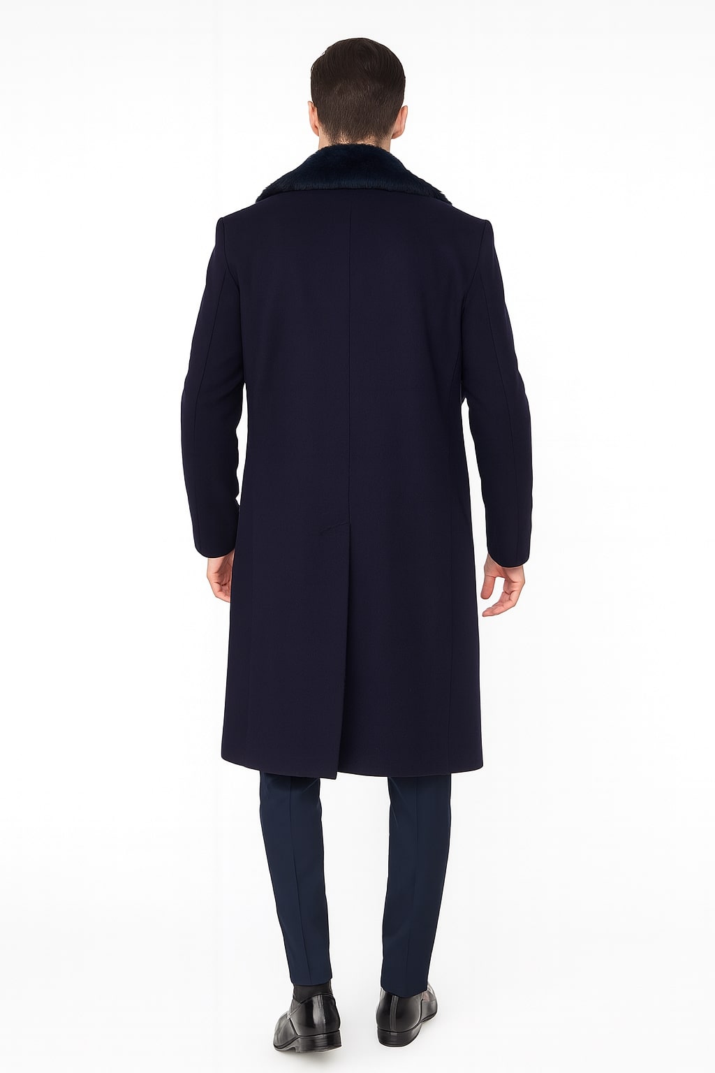 Mens Navy Blue Overcoat with Faux Fur Collar  Luxury Long Winter Coat for Formal and Casual Wear Topcoat