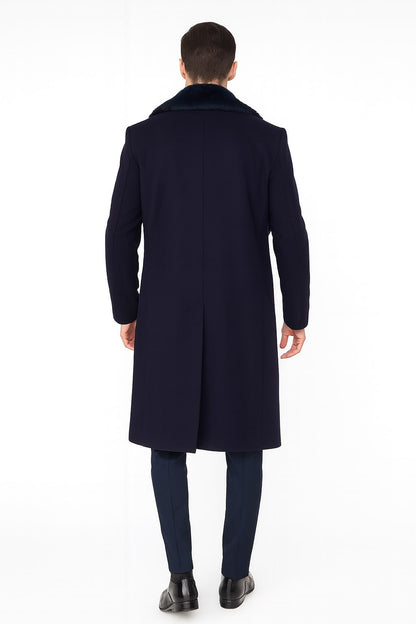 Mens Navy Blue Overcoat with Faux Fur Collar  Luxury Long Winter Coat for Formal and Casual Wear Topcoat