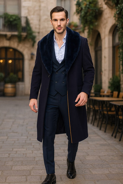 Mens Navy Blue Overcoat with Faux Fur Collar  Luxury Long Winter Coat for Formal and Casual Wear Topcoat