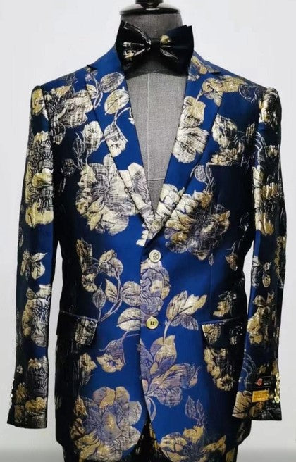 Mens Navy Blue and Gold Floral Tuxedo Jacket  Luxury Slim Fit Blazer with Gold Pattern Paisley Pattern Matching Bowtie