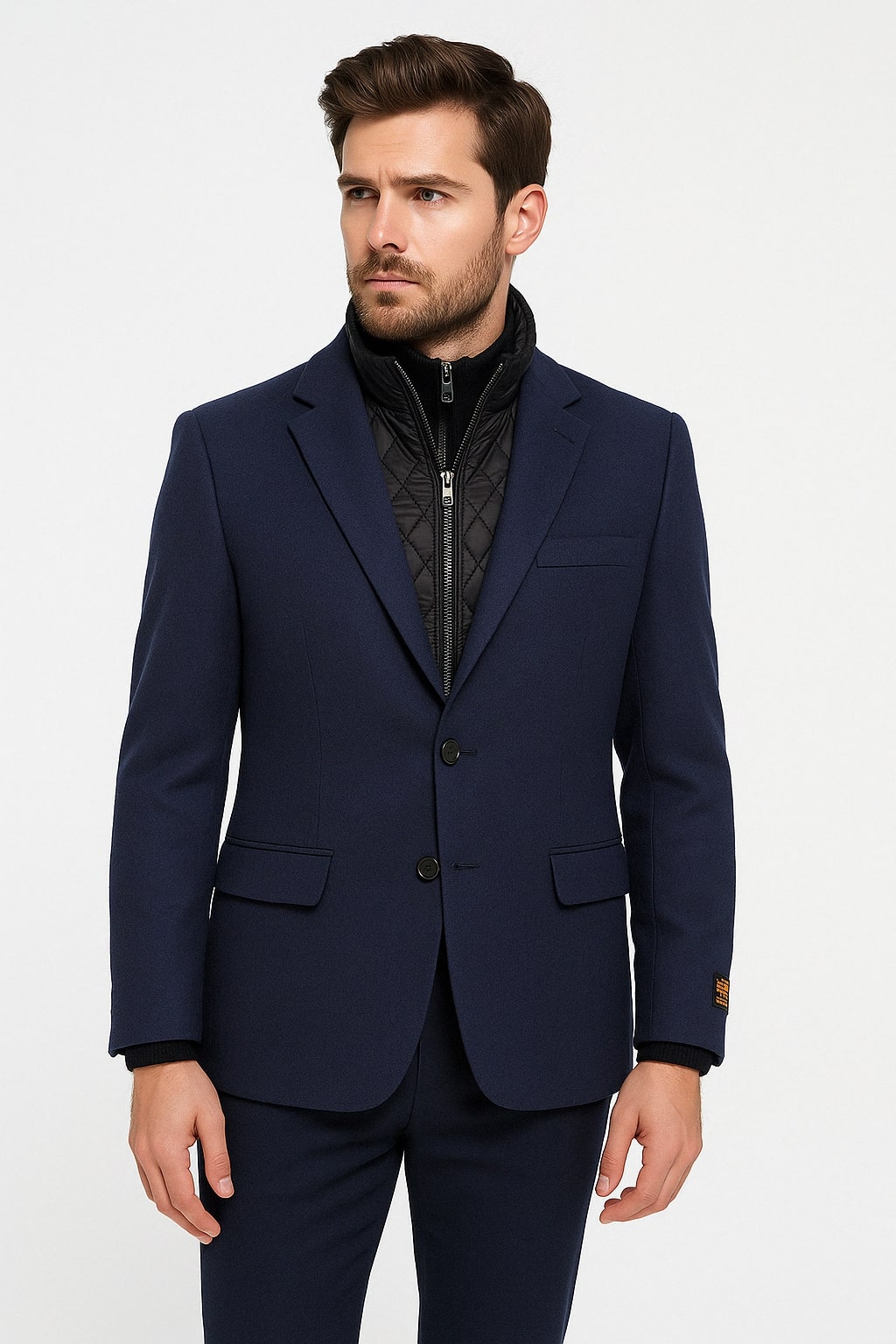 36 Mens Navy Cashmere and Wool Blazer with Quilted Zip-Up Inner