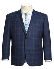 Mens Two Button Classic Fit Wool Sport Coat Navy Blue Windowpane Plaid Blazer - Men's Tuxedo USA